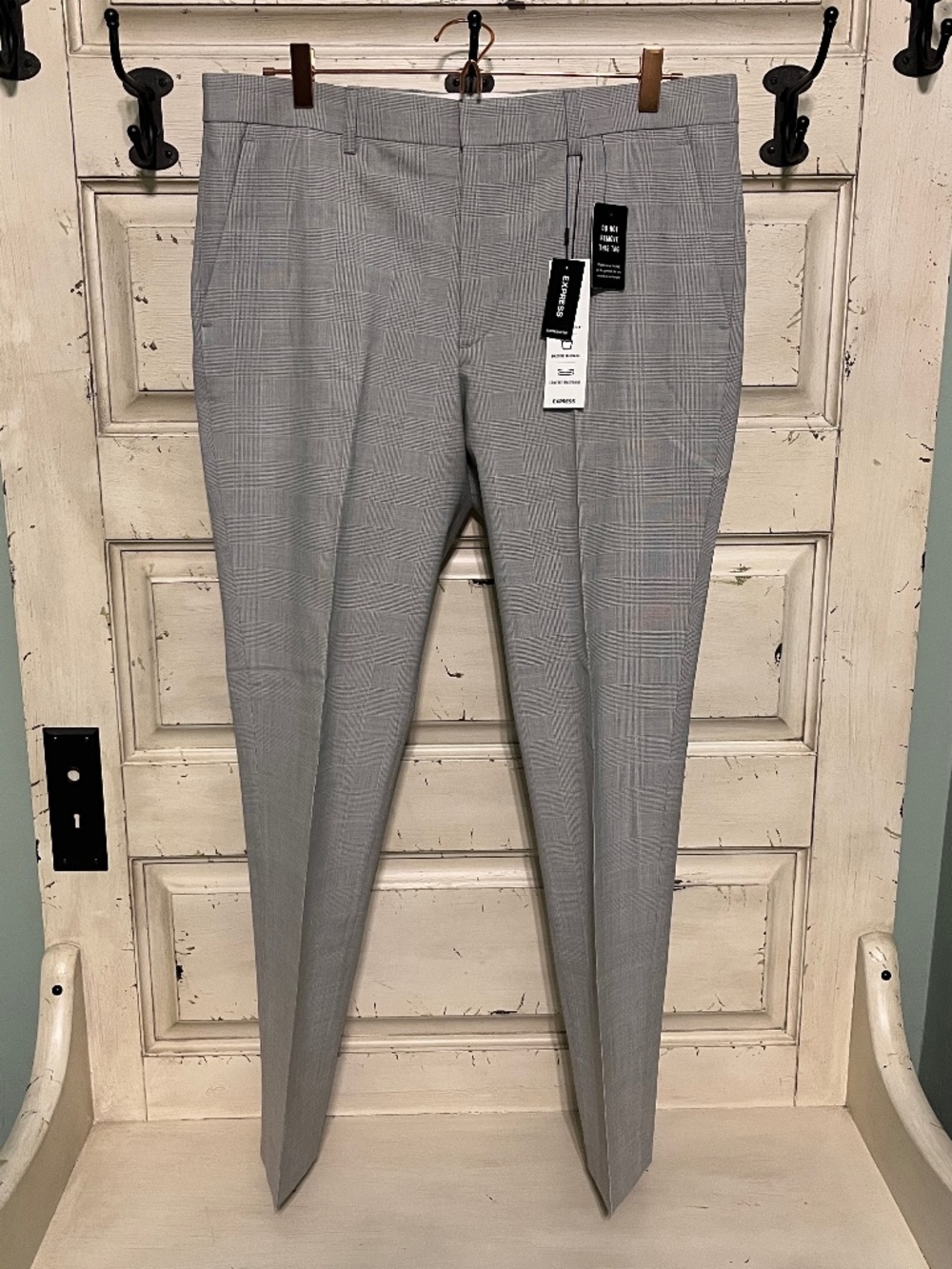 NWT Express Men's Gray Plaid Wool Blend Dress Slacks Size W34 L32 Exra Slim